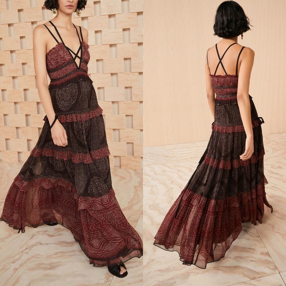 Ulla Johnson Maxi Dress Silk Formal Gown Tiered‎ Chiffon Agathe Garnet Maroon 6